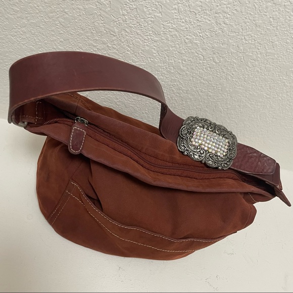 FOSSIL •Brushed Canvas/Wide Leather Strap Shoulder Bag with Rhinestone Buckle - Picture 7 of 12